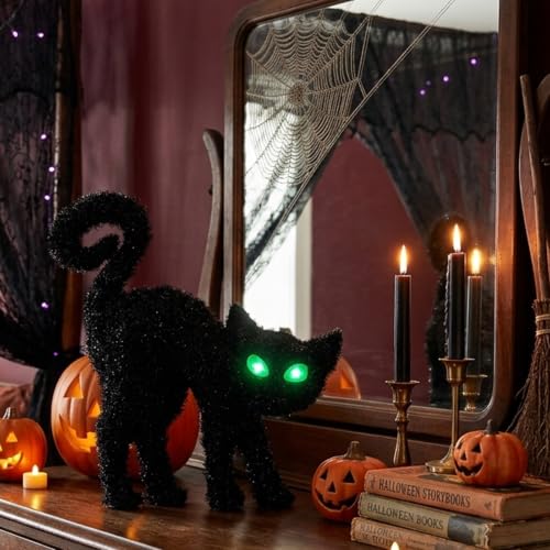 Black Cat Silhouette Halloween Decor with Glowing Green Eyes & Timer - Indoor Feline Accent