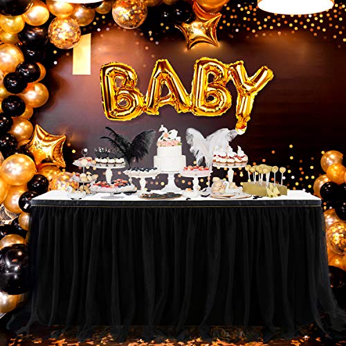 9ft Black Tulle Table Skirt with Gold Trim for Party Wedding Baby Shower