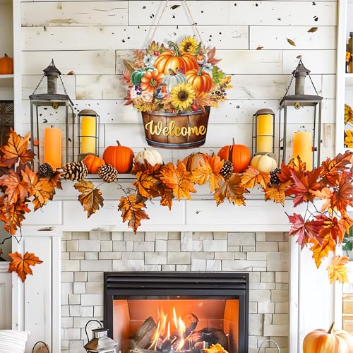 Fall Barrel Welcome Wreath for Front Door - Large Wooden Pumpkin & Maple Leaf Thanksgiving Sign - Farmhouse Autumn Decor