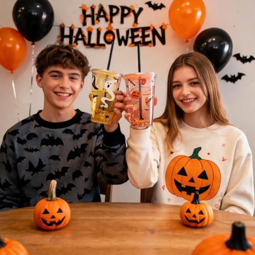Halloween Party Cups Set 15 oz Double-Wall Plastic Glitter Cups with Lids & Straws