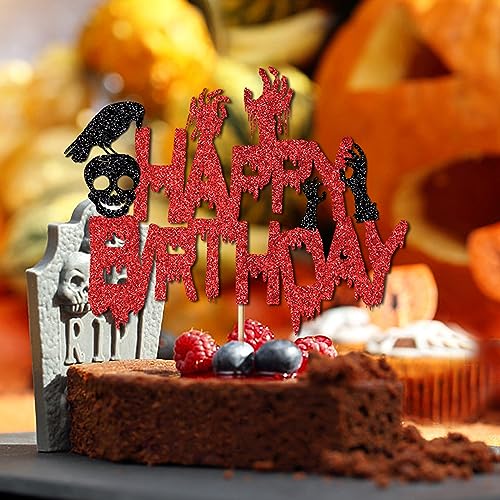 Halloween Happy Birthday Cake Topper Bloody Zombie Skeleton Red Glitter Party Decor