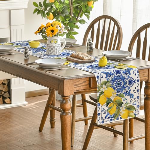 Blue Lemon Porcelain Summer Table Runner 13x72 Inch for Kitchen & Dining Decor