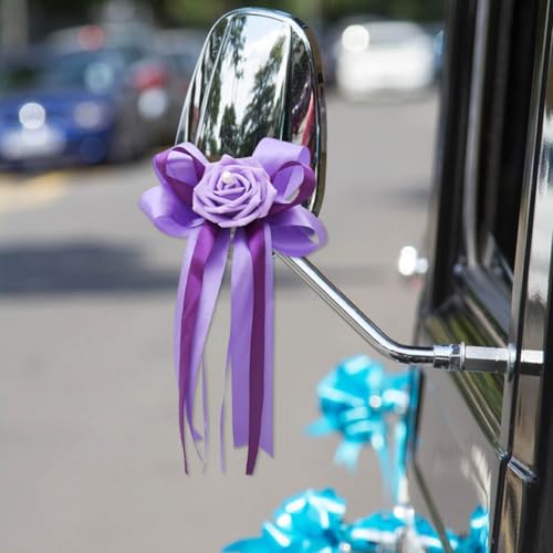 Purple Wedding Car Flower Decorations Set - Artificial Roses & Ribbon Bows, 12 Pieces