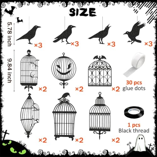 Gothic Crow Decoration Set with Birdcages and Crows for Haunted House Halloween & Gothic Decor