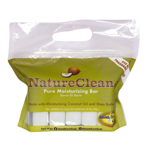 Amish Farms Pure Moisturizing Fragrance Free Bars with Coconut Oil & Shea Butter for Sensitive Skin - Made in USA | Women & Mens Face - Body Bar for Shower | NatureClean | 5oz Ea (5 Bars)