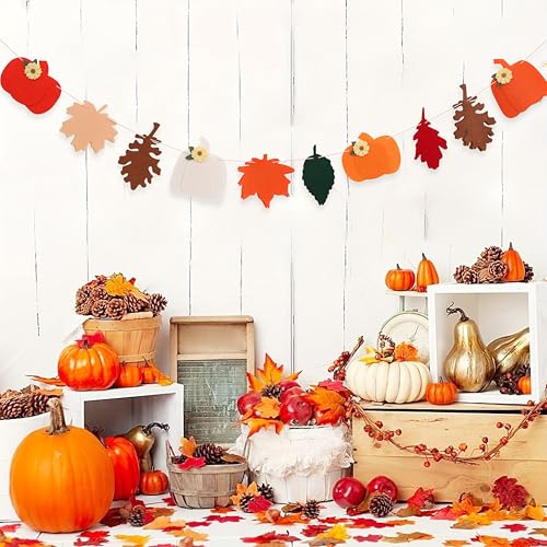 Felt Pumpkin and Leaves Garland - Fall Harvest Banner for Thanksgiving & Halloween Decor