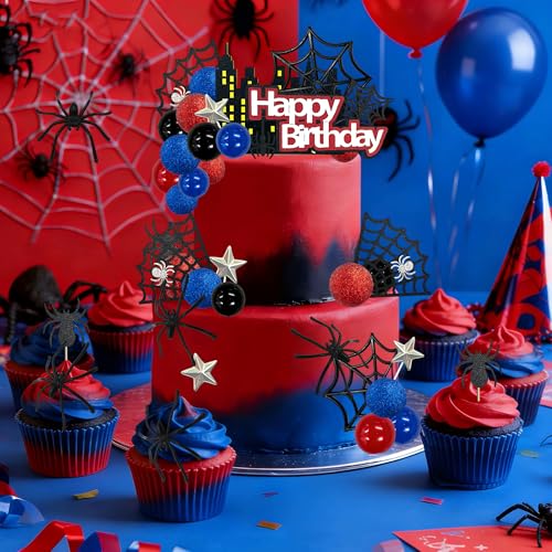 Spider Cake Topper Spider Web Decoration Set - Red-Blue Hero Theme Birthday Party Supplies