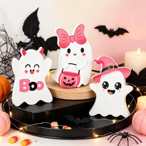 Pink Ghost Halloween Decor - 3 Pcs Wooden Table Centerpieces, Tiered Tray Signs
