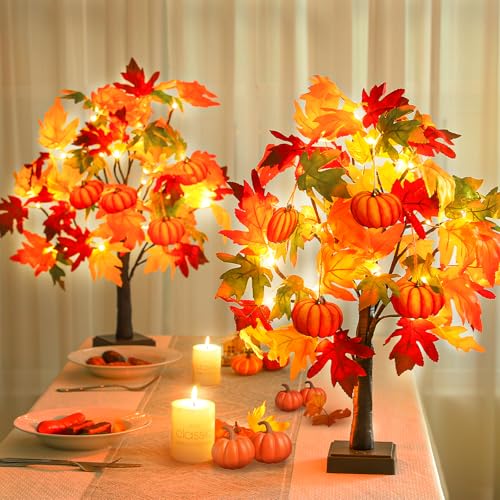 2 Pack 24-Inch Lighted Fall Maple Trees with Pumpkins - Indoor Halloween Thanksgiving Decor