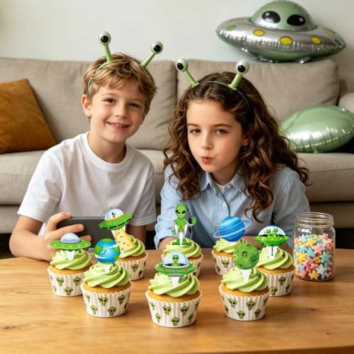 Alien Cupcake Toppers Set of 48 - Space Theme Cake Decorations for Party, Halloween, Birthday