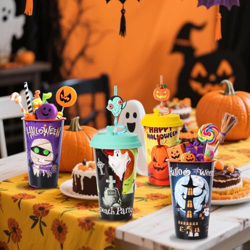48 Pack Halloween Party Cups with Lids & Silly Straws - Reusable Bulk Set