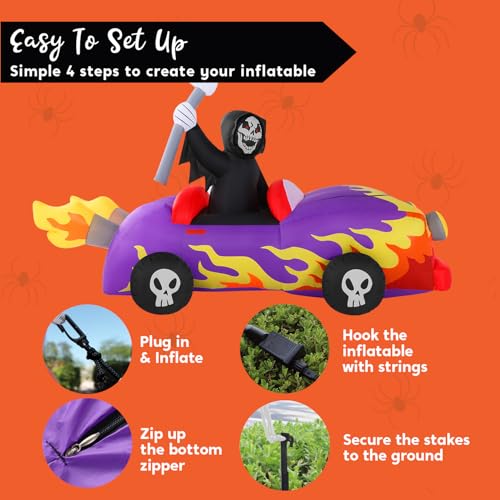 8ft Halloween Inflatable Grim Reaper Driving Car Outdoor Decoration with LED Lights