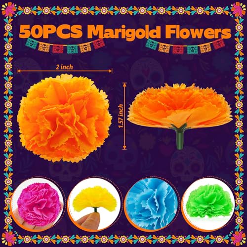 Artificial Mexican Marigold Flowers - 50Pcs Festival Decoration, Realistic & Vibrant