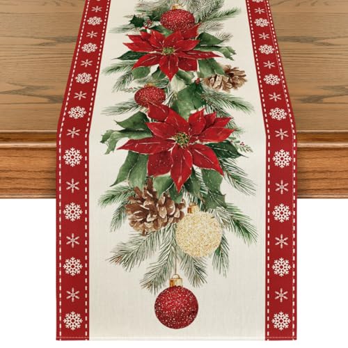 Christmas Poinsettia Table Runner 13x60 Inch Holiday Home Decor - Red Variation