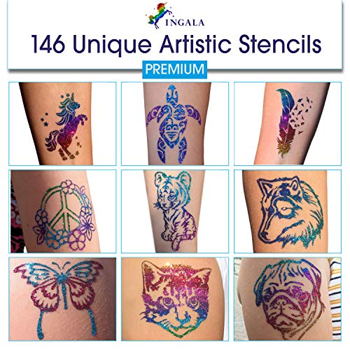 Glitter Tattoo Set with 146 Designs for Kids & Adults - Face, Henna & Airbrush Art