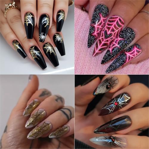 Halloween Spider Web Nail Stickers Set - 4 Sheets Self-Adhesive 3D Decals with Rhinestones - Spider Web Design for Nails - Variation 1