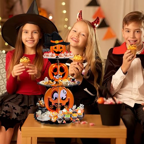 Halloween 3-Tier Pumpkin Cupcake Stand - Orange & Black Spooky Dessert Display