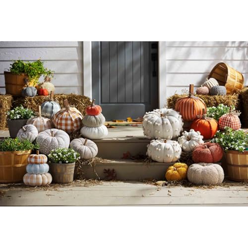 Gingham Stacked Pumpkins Decor - 15 Inch Fall Woven Cotton Halloween