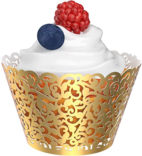 50 Pcs Pearl Lace Laser Cut Wedding Cupcake Wrappers Bright Gold - Elegant Baking Decor