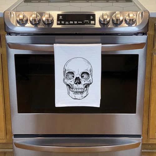 White Skull Halloween Kitchen Towel - Spooky Hand Tea Towel, 28" Cotton