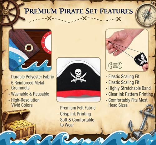 Pirate Party Decorations Kit with Large Ship Backdrop, Hats & Props for Birthday Halloween Events