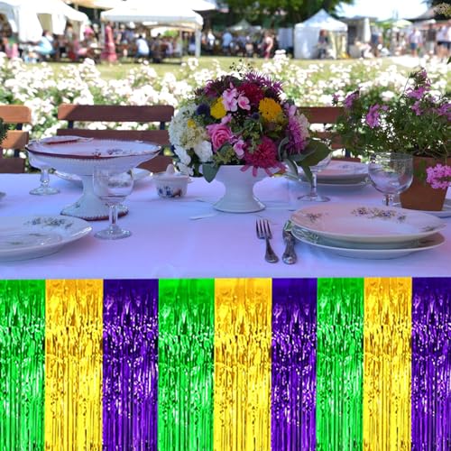 29.5x108 Inch Green Gold Purple Mardi Gras Foil Fringe Table Skirts - 6 Pack