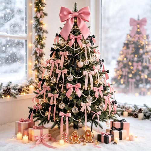 40Pcs Pink Black Satin Bow Wall Decor Set for Halloween, Birthday & Party