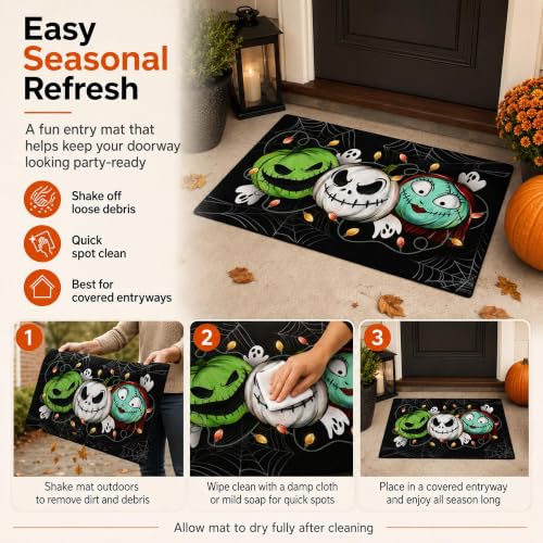 Pycat Halloween Doormat 24x35in Spooky Pumpkin Faces Ghost Lights - Indoor & Outdoor