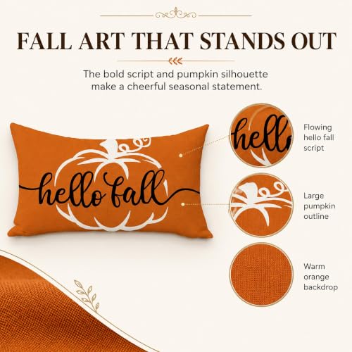 Hello Fall Pumpkin Rectangle Lumbar Throw Pillow Cover - 12x20 Orange