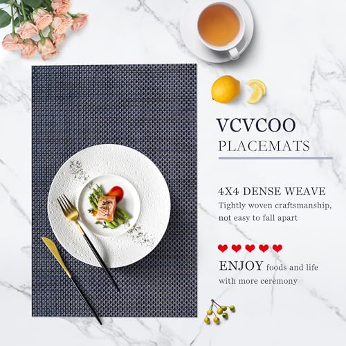 Blue & Brown Woven Plastic Vinyl Placemats Set of 4 - Heat-Resistant, Anti-Slip Table Mats
