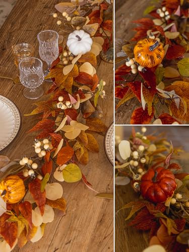 White Pumpkin with Red Willow Leaves Fall Garland 6.8FT Autumn Decor for Home Thanksgiving Halloween