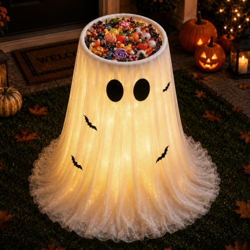 Lighted Halloween Ghost Candy Bowl with Remote & Timer - Indoor & Outdoor Decor