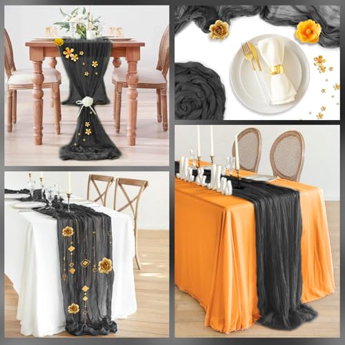 Black 35x120 Inch Boho Cheesecloth Table Runner - 4 Pack for Wedding & Party Decor