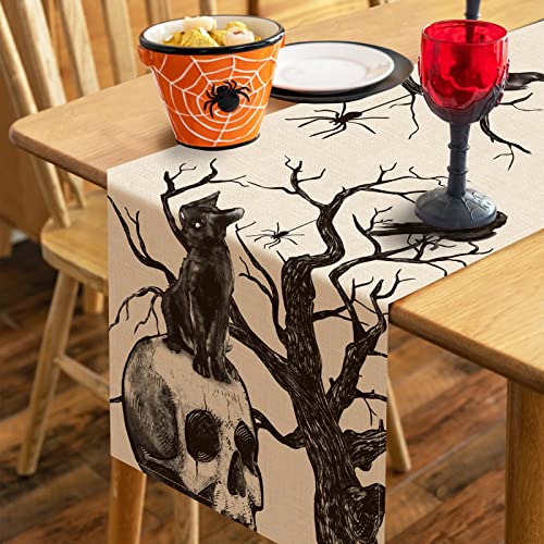 Halloween Table Runner 13x72 Inch Gothic Skull Black Cat Crow Silhouette Tree Decor