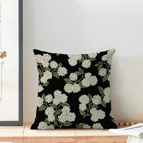 20x20 Inch Set of 2 Black Pillow Covers with Hydrangea Floral Pattern - Outdoor Linen Cushion Cases
