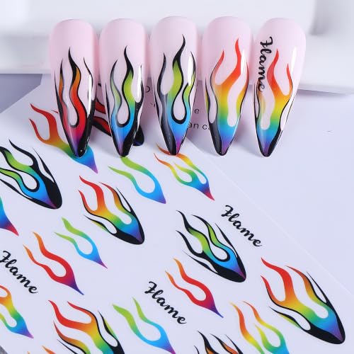 Halloween Flame Nail Stickers Set - Self-Adhesive Rainbow Gradient Flame Decals, Style 08