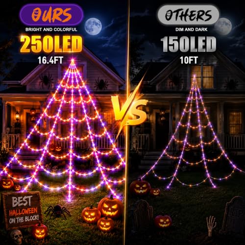 Outdoor Halloween Spider Web Lights with Fake Spiders - Waterproof, 8 Modes