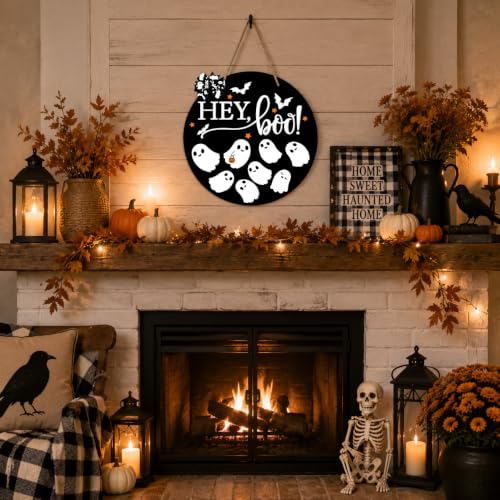 Halloween Welcome Door Sign Wooden Hanging Decor - Ghost Design, 12x12in