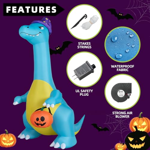 12FT Blue Dinosaur Inflatable Halloween Yard Decoration with LED Lights - Friendly Outdoor Dinosaur