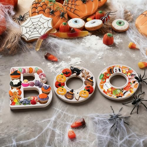 Wooden Boo Letter-Shaped Serving Platter for Halloween Snacks - White, 12 Inch