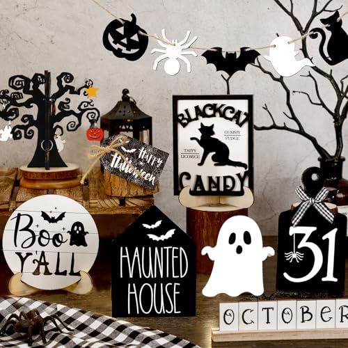 Halloween Tiered Tray Decor Set with Ghost and Bat Wooden Signs - 15 Pieces - Variation: Ghost Bat