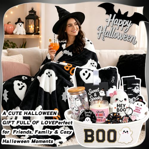 Black Halloween Gift Basket Set for Women - Cozy Ghost & Spooky Treats