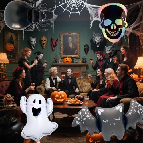 Halloween Foil Balloons Ghost Bat Skull Spidey Balloon Set - Black & White, 4 Pcs