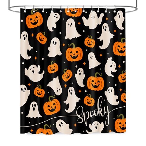 Halloween Ghost Pumpkin Shower Curtain - Black, Waterproof, 72x72 in
