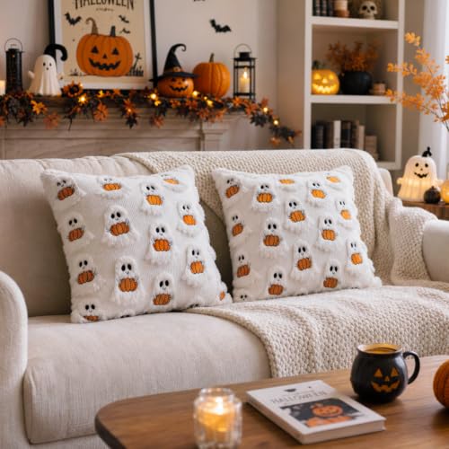 Halloween Pillow Covers 18x18 Inches - 2 Pack Ghost Pumpkin Plush Cushion Covers - Orange