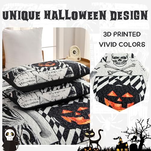 King Size Halloween Quilt Set Black Patchwork with Pumpkin Ghost Design - Luxudecor