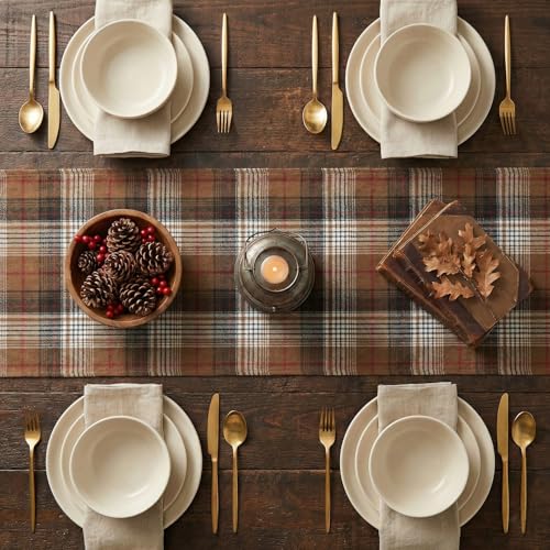 13 x 120 Inch Coffee Brown Farmhouse Plaid Table Runner - Rustic Fall Holiday Decor
