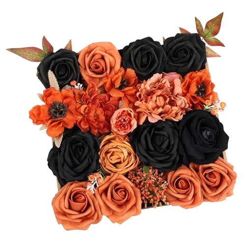 Artificial Flowers Orange Black Combo Set for Wedding Bridal Halloween Decor - 24 Pieces