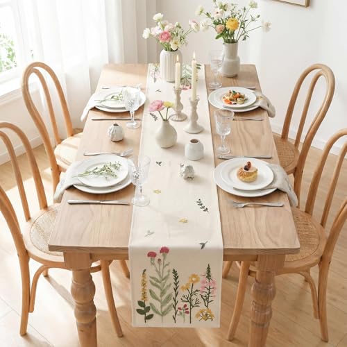 Beige Floral Embroidery Table Runner 13x90 Inch for Kitchen & Dining