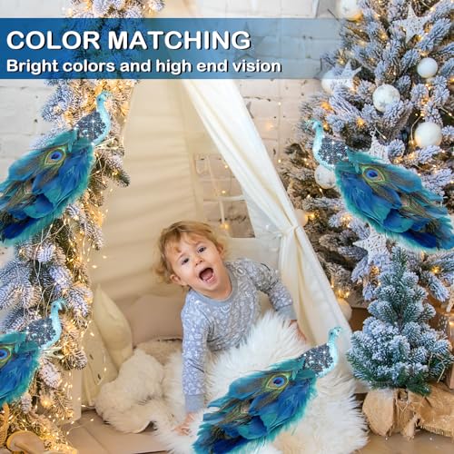 Set of 4 Peacock Christmas Tree Ornaments - Long Feather Bird Decorations for Holiday Decor